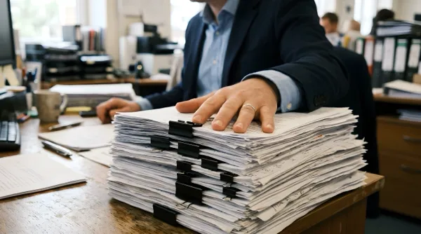 Stosy akt i dokumentów administracyjnych na biurku urzędnika — symbol biurokracji i przeregulowania procesów inwestycyjnych